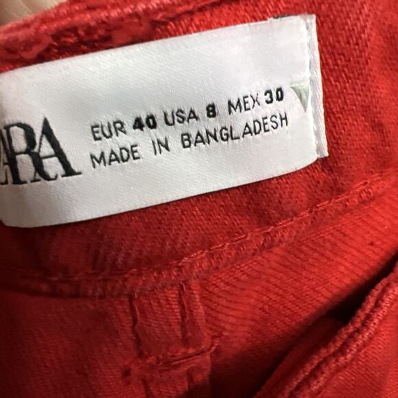 Zara Womens Button Fly Jeans Red Straight Leg High Waist Collection Size 8 - Picture 8 of 11